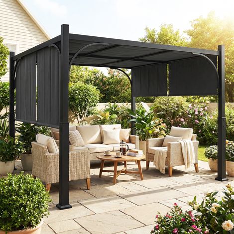Pergola de jardin 3 x 3 m tonnelle de jardin avec Auvent coulissant, structure métallique, pour extérieur, Gris Foncé (1/5)