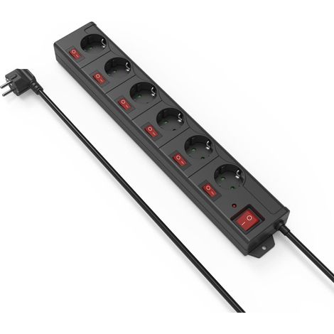 Multiprise, 6 Prises, Protection Contre surtension., 90°, réglage. Individuel,1,4m, Noir (1/5)