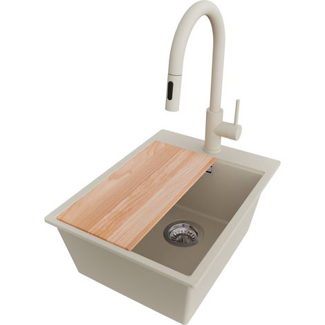 PRIMAGRAN Evier Cuisine en Granit 38x50cm,Lavabo 1 bac + Robinet 40x20cm + Kit de Vidage + Planche à Découper, Évier à Encastrer au meuble 40cm - Oslo, Beige (1/5)