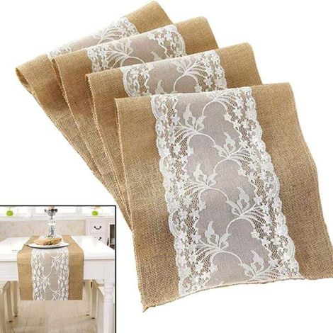 UlisemChemin de table rustique vintage Nappe en toile de jute blanche Chemin de table en toile de jute en dentelle Noël Hiver Décorations pour la maison pour le festival de mariage Décoration de fête (1/4)