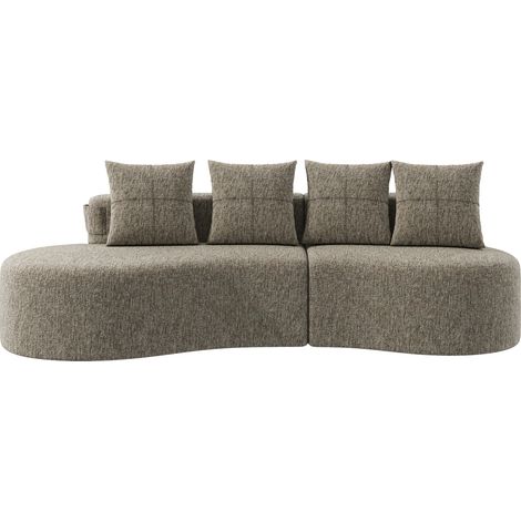 Divano in tessuto di lino con 4 cuscini, porta bicchiere e tasche laterali, colore khaki (1/5)