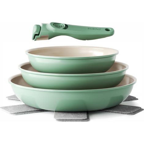 Lot de poêles et poêles en céramique avec poignée amovible et anti-adhésives 20/24/28 cm pour le camping, sans , sans , peu encombrantes, passent au lave-vaisselle (vert) (1/5)