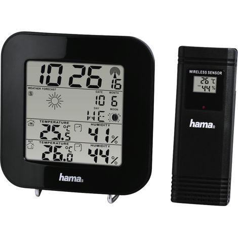 Hama Station météo, radio-réveil DCF, prévisions météo et phase de lune, température intérieure et extérieure, couleur noire