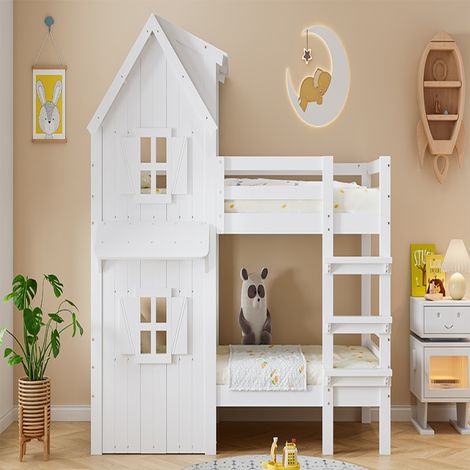 Etagenbett Kinderbett Hausbett 90x200 cm mit Dach und Fenster, stabiles Hochbett mit Rausfallschutz und Leiter, FSC-Holz Kiefer, Weiß (1/5)