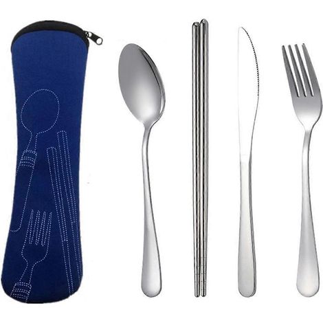Ensemble de 4 pièces de vaisselle portable : cuillère, fourchette et couteau à steak, bleu foncé. (1/5)