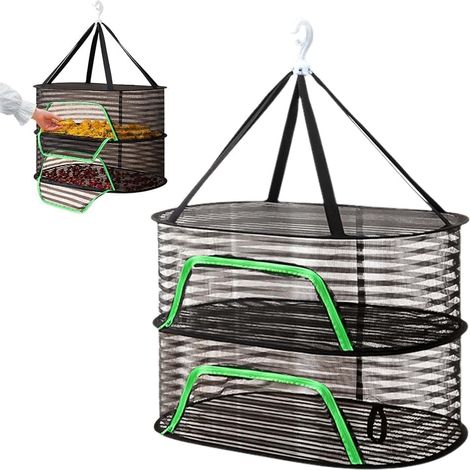 Rete per essiccare a strati pieghevole, rete per essiccare erbe aromatiche, rete per essiccare appesa pieghevole con cerniere, cesto per essiccare appeso, per verdura, piante, frutta (nero, 2 strati) (1/5)