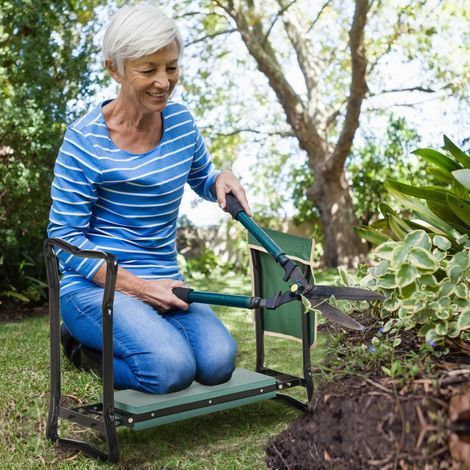 Banc de jardin pliable 2 en 1 avec coussin en EVA et sac de rangement, vert et noir