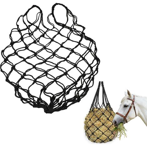 Lot de 2 filets à foin à alimentation lente pour chevaux, vaches, chèvres, grands sacs à foin pour mouton, âne, alimentation d'une journée, facile à remplir et à accrocher (noir) (1/5)