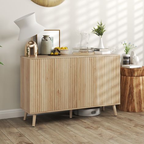 Wohnzimmer-Sideboard, Aufbewahrungsmöbel mit 4 geriffelten, druckdämpfenden Türen, 120 x 35 x 77,5 cm, Eiche