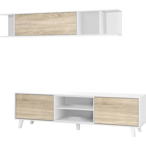Parete attrezzata Buffalo, Mobile da soggiorno porta TV, Composizione per salotto con pensile, 180x41h51 cm, Bianco e Rovere (1/5)