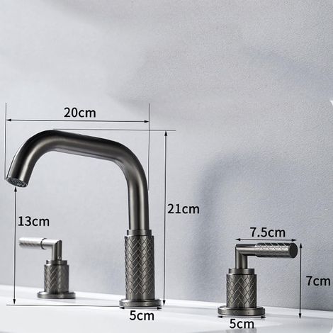 Mitigeur de lavabo en laiton gris à 3 trous, robinet de salle de bain avec 2 poignées eau chaude et froide, design moderne élégant pour vasque évier et intérieur contemporain (1/3)
