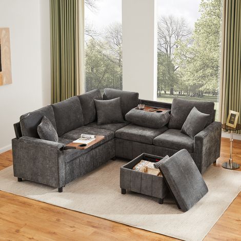 Canapé d’angle chenille convertible avec lit, USB Type-C, table cachée, porte-gobelets, gris (1/5)