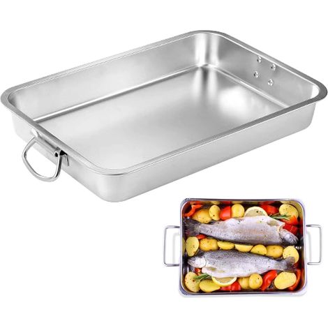 Plat à gratin rectangulaire en acier inoxydable avec poignées - Grand format - 40 x 30 x 7 cm - Pour four, barbecue, plat à gâteau, résistant à la chaleur - Passe au lave-vaisselle - Argenté (1/5)