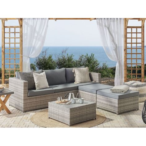 Conjunto de salón 5 plazas de ratán gris derecho sintético cojines mesa Sabbia (1/5)