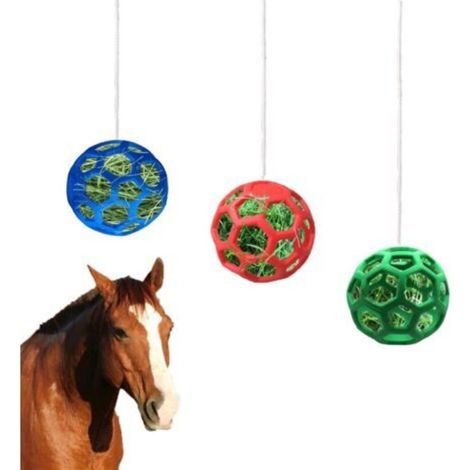 Lot de 3 balles de friandises, à suspendre, avec trous pour ralentir l'alimentation, jouets pour chevaux, chèvres, moutons, pour réduire le stress (rouge, bleu et vert) (1/5)