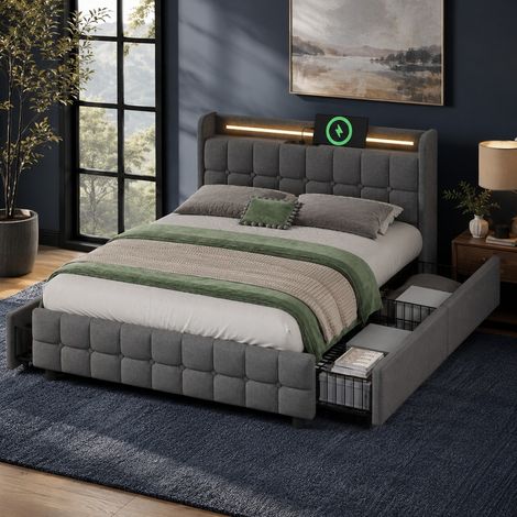 Polsterbett 160x200 mit 4 Schubladen und LED-Beleuchtung, Stauraumbett mit USB-Anschluss und Steckdosen am Kopfteil, Leinenoptik, Grau (1/5)