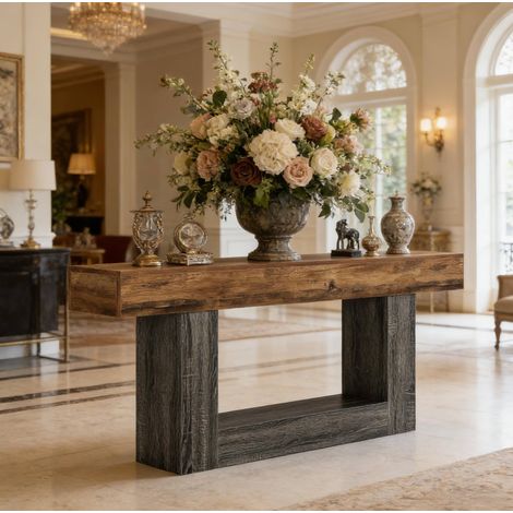 Consolle 160 cm in MDF grigio e marrone rustico con ripiano inferiore e piedi regolabili DESVIAE (1/5)