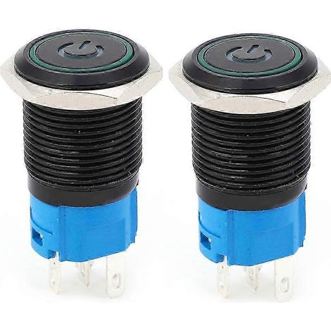 Schwarzer Metall-Drucktaster, 16 mm, selbstverriegelnd, Schutzart IP65, mit grüner LED-Anzeige, 3–6 V DC, Symbol, 2er-Pack für wasserdichte Bedienfelder (1/4)