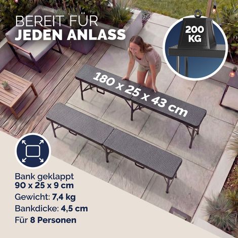 CASARIA® 2er Set Bierbank Klappbar 8 Personen Rattanoptik 180cm Kunststoff Klappbank Faltbar Campingbank Bierbänke Bierbankgarnitur Gartenbank Schwarz