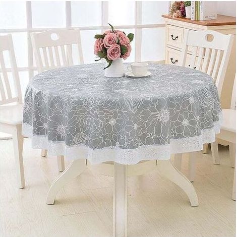 Nappe Ronde en Toile Cirée PVC Anti-Taches et Imperméable avec Motif Floral et Dentelle – Gris, 220 cm – Pour Salle à Manger, Jardin, Café ou Fête (1/5)