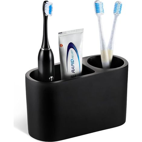 Toothbrush Holder, Toothbrush Holder and Toothpaste Holder with Slots, Resin Electric Teeth Bathroom Accessory for Worktop, Matte Black (1/5)