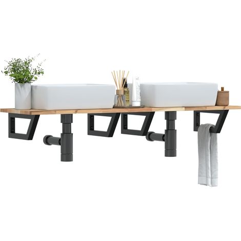 Étagère de vasque murale-Étagère murale-Étagère Suspendue acier et bois massif d'acacia 770028 (1/5)