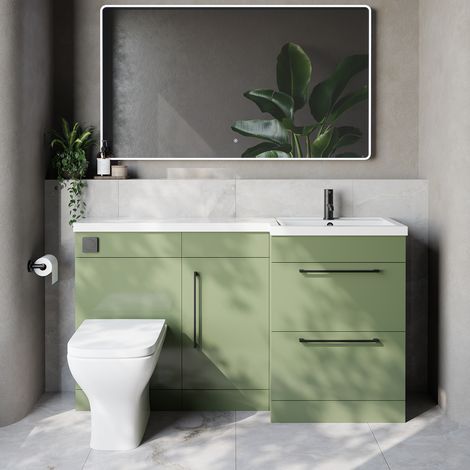 Napoli 390 Olive Green 1500mm 2 Drawer Vanity Unit Toilet Suite with Right Hand Square Lucia Basin - 1500mm - Matt Black 320mm HandleWith Kingston Toilet Pan and Seat