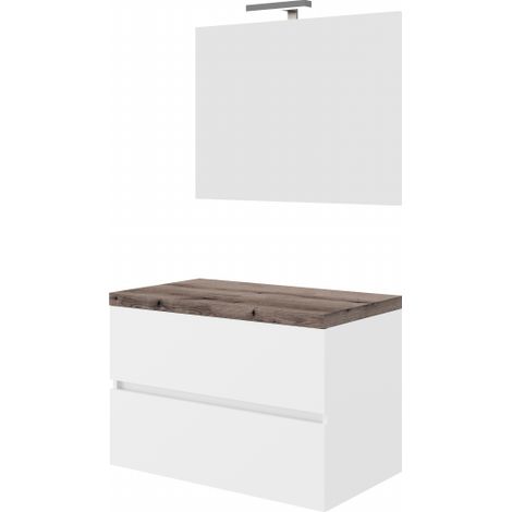 Mueble de baño suspendido de 80 cm en madera blanca brillo y tapa de roble fósil con lavabo y espejo - Civo - Con specchio e lavabo rettangolare
