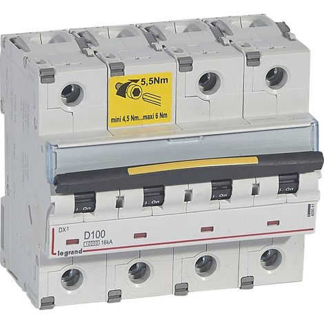 Disjoncteur DX10000 16kA arrivée haute et départ bas à vis 4P 400V 100A courbe D 6 modules (409541)