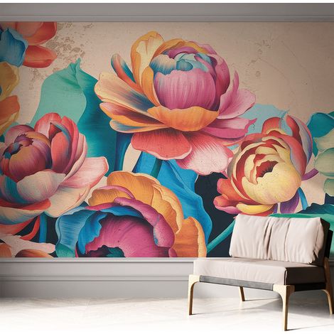 Papier peint autocollant Mural avec colle pour salon et chambre Décoration murale rapide Harmonie florale 312x219 cm (1/5)