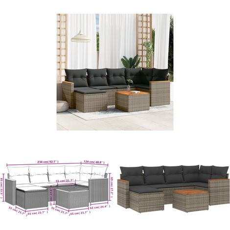 7-tlg. Garten-Sofagarnitur mit Kissen Grau Poly Rattan - Gartenmöbel Set - Gartensorte - Outdoor Möbel - Lounge Sofa - Esstisch - Home & Living (1/3)