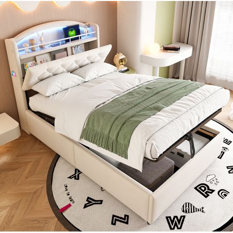 Letto imbottito in tessuto beige 90x200 cm con contenitore, LED e porte USB/Type-C (1/5)