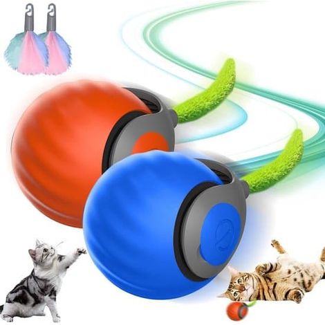 Lot de 2 balles interactives pour chat, ressorts de rechange, balle roulante automatique avec queue, jouet pour chien, rechargeable, bleu et orange (1/5)