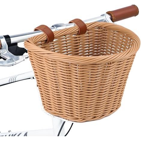 Panier de vélo tissé élégant en demi-cercle pour guidon avant de vélo adulte avec sangles en cuir réglables, panier de rangement étanche pour vélo - 28 x 23,5 x 19,5 cm, marron (1/5)