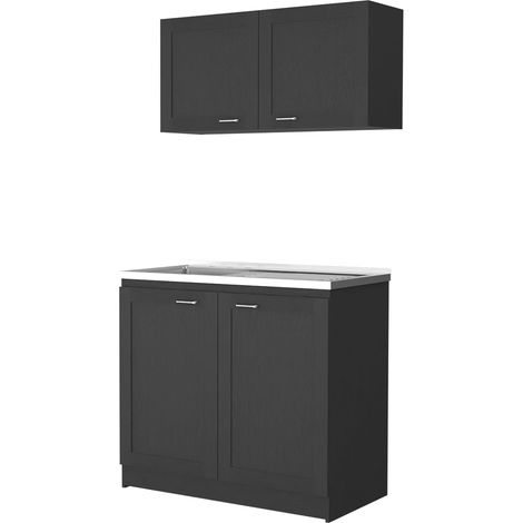 Set Mobile da cucina Zurich in melamina, con piano di lavoro e cappa in acciaio inox, 32 / 52 cm X 100 cm X 49 / 93.6 cm , Nero (1/4)