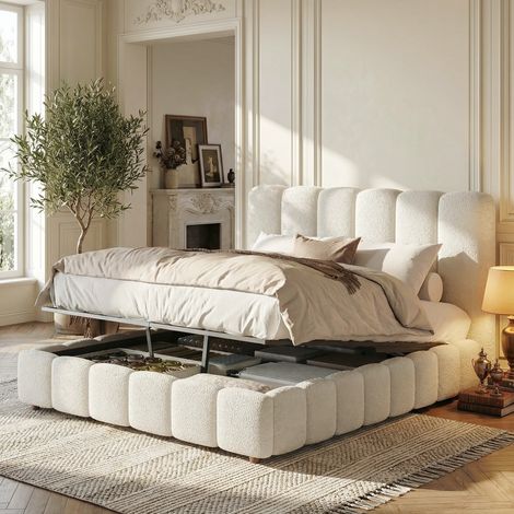 Lit coffre rembourré 2 places 140x190 cm, sommier à lattes relevable hydraulique, tête de lit capitonnée, tissu bouclé blanc, pieds en bois massif (1/5)