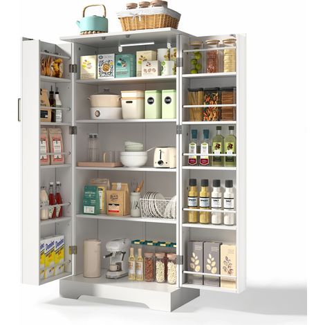 ELVMI Credenza da Cucina con 2 Ante, 5 Ripiani e Ripiani Regolabili, LED con Sensore, in MDF, 60x35x128 cm, Bianco (1/5)