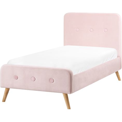 Cama moderna tapizada en terciopelo 90 x 200 cm con somier de listones rosa pastel Rennes (1/5)