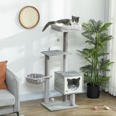 PawHut Katzenbaum mit Kratzstämmen, Katzenhaus mit Hängematte, Kurzplüsch, Natur-Sisal, 48 x 40 x 126 cm, Grau
