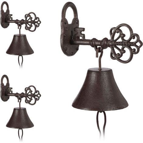 Set of 3 Relaxdays Cast Iron Door Bells, Key and Lock, Nostalgic Charm for Home and Garden, Country House, Rusty Brown