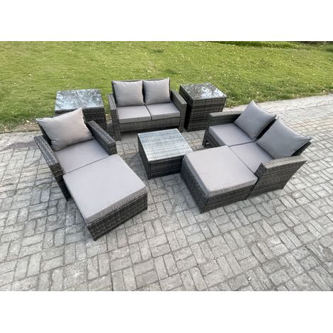 Fimous 7 Seater Outdoor Rattan Garden Furniture Set Conservatory Patio Sofa Coffee Table Set with Chair 2 Side Tables 2 Big Footstool Dark Grey Mixed (1/5)