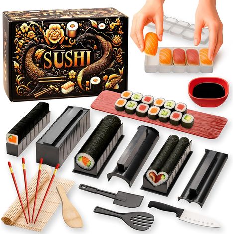 Kit Sushi 15 Pièces - Sushi Maker Maison avec Moules Nigiri, Tapis Bambou, Couteau, Baguettes, Bols, Plateau et Guide pour Débutants (1/5)