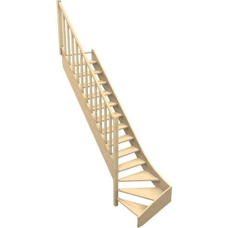 Levigne – Escalier quart tournant bas sapin massif 280 cm – 13 marches – Encombrement 256 cm – Giron 17 cm – Rampe incluse