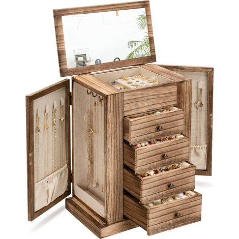Boîte à bijoux en bois pour femme avec 4 tiroirs et miroir, porte latérale en verre, organisateur de bijoux pour boucles d'oreilles, bracelets, bagues et colliers (marron vintage) (1/5)