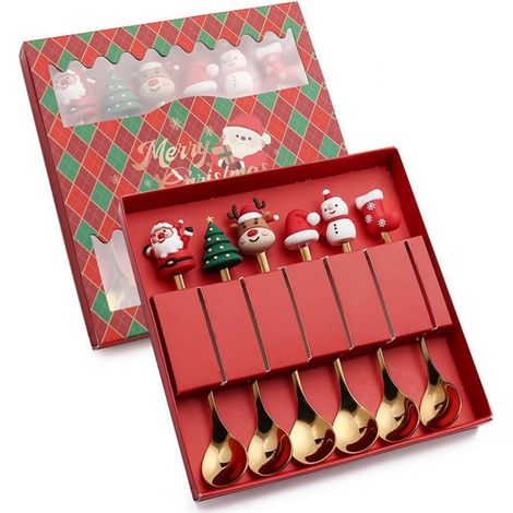 Élégant ensemble de couverts de Noël, 6 pièces (cuillères et fourchettes) pour les repas de fêtes, coffret cadeau de vaisselle festive, rouge et or (1/5)