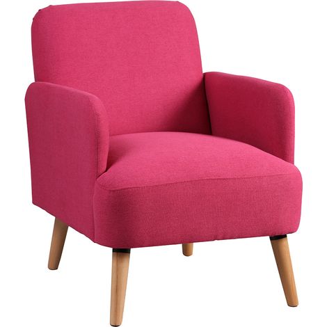 Altobuy – Fauteuil relax rembourré tissu rose – Dimensions 63x75xH79cm – Structure pin et contreplaqué – Pieds manguier massif (1/5)