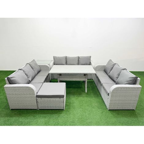 Fimous PE Rattan Lounge Sofa Set 10 Seater Outdoor Garden Furniture Set with Rectangular Dining Table 3 Seater Sofa Big Footstool Side Table Light Grey (1/4)