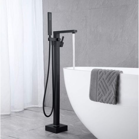 Badewannenarmatur mit Handbrause, Wasserfall-Badewannenarmatur, bodenmontierte freistehende Badewannenmischbatterie mit Griff, Schwarz (Unterflurinstallation) (1/4)