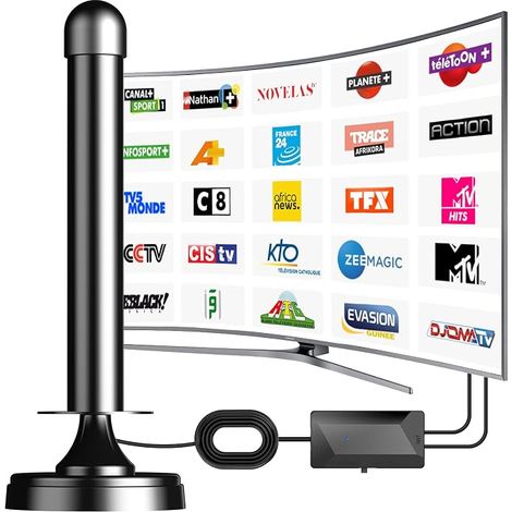 Antenne TV Intérieure Amplificateur de Signal - Réception 360° Portée, Base Magnétique pour Fixation Téléviseurs HD/4K