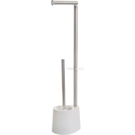 Porte-rouleau de papier toilette avec brosse WC - JUANIO - 2-en-1 - Acier inoxydable - Base blanche - H66 cm (1/4)